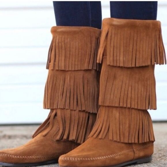 Minnetonka Shoes Womens 10 Boots Brown Western Moccasins Fringes Native Mid Calf - Picture 7 of 8